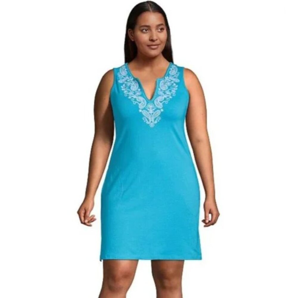 Lands End Womens Plus 1X Embroidered Sleeveless Tunic Dress V Neck